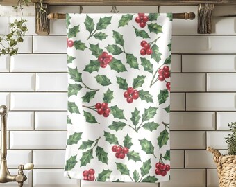 Holly and Berries Tea Towel, Table Runner, Quilted Runner, Christmas Table Decor, Christmas Plant Decor, Christmas Home Decor Gifts