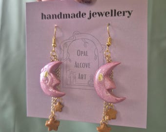 Moon and Star Polymer Clay Earrings: Pink Celestial Statement Jewelry