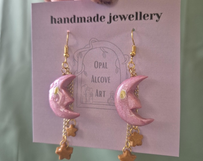 Moon and Star Polymer Clay Earrings: Pink Celestial Statement Jewelry