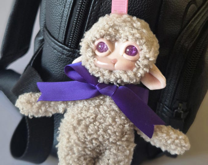 Sheep Keychain Beige Polymer Clay: Kawaii Handmade Bag Charm