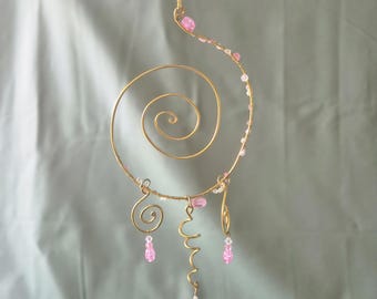 Suncatcher Spiral with Pink Prism Beads, Gold Hardware, Boho Window Decor