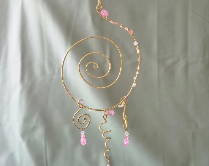 Suncatcher Spiral with Pink Prism Beads, Gold Hardware, Boho Window Decor