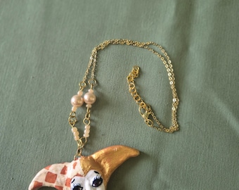 Jester Necklace Gold Handmade: Hand Sculpted Hand Painted OOAK Jewelry