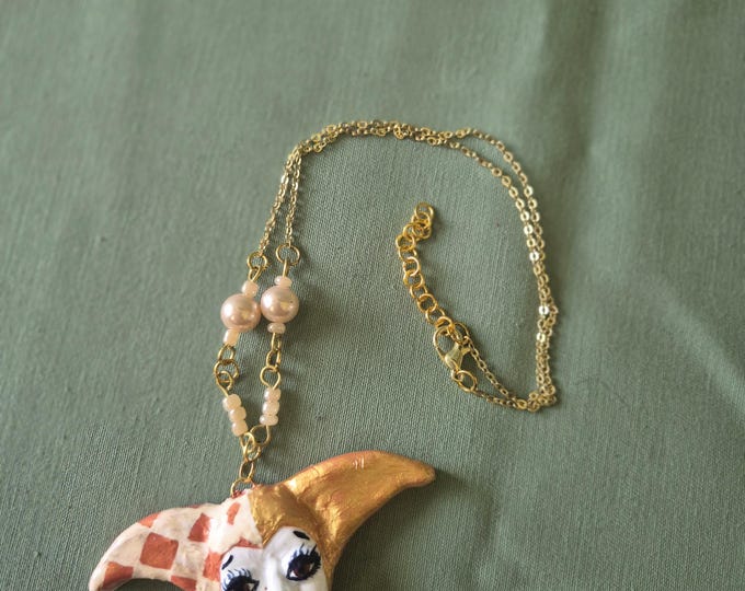 Jester Necklace Gold Handmade: Hand Sculpted Hand Painted OOAK Jewelry