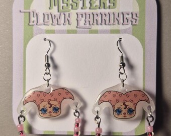 Clown Earrings Pink Hearts Romantic – Handcrafted Collectible Jewelry