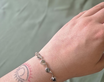Beaded Bracelet Silver Wire Wrapped: Adjustable Iridescent Artisan Jewellery