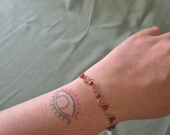 Wire Wrapped Gold Red Bracelet: Handmade Adjustable Boho Jewellery