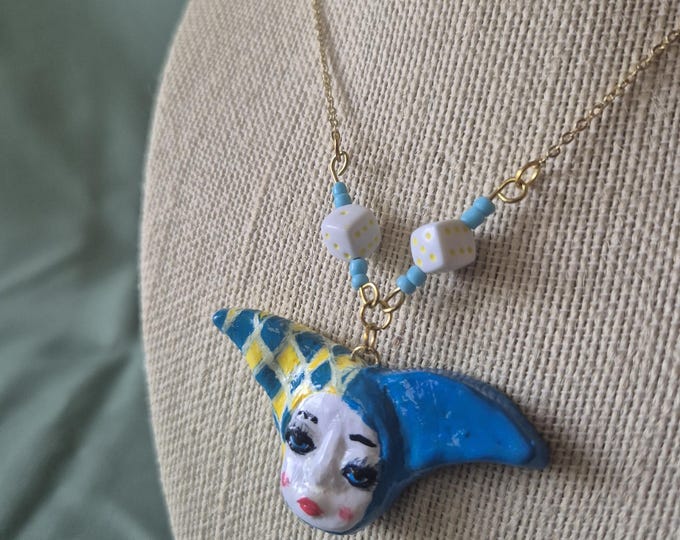 Clown Pendant Blue Polymer Clay: Handmade Long Chain Necklace
