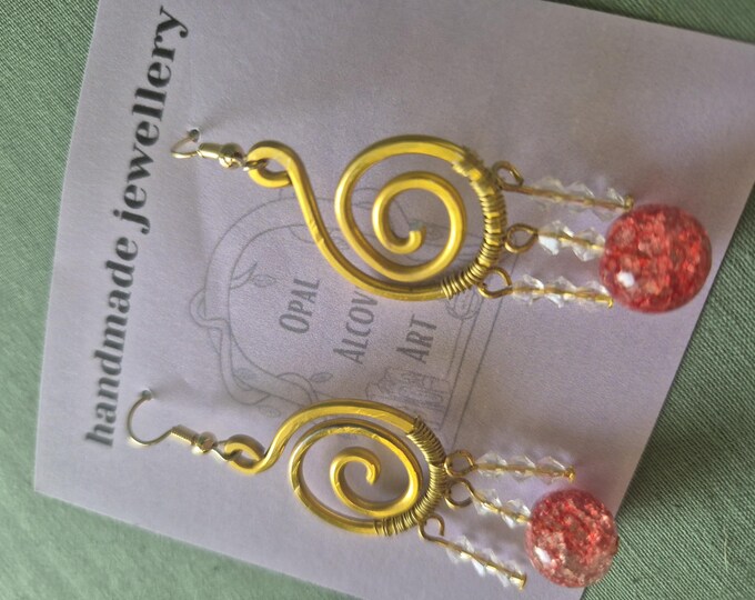 Gold Spiral Earrings Red Bead Dangle: Handmade Hammered Wire Jewelry