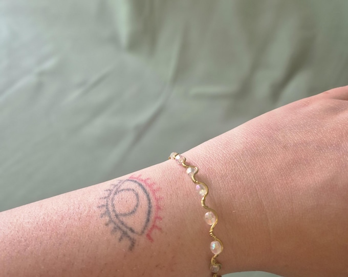 Gold Beaded Wire Wrapped Bracelet: Adjustable Handmade Iridescent White Boho Jewelry
