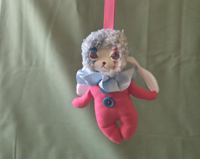 Blue Lamb Bag Clip Plush Clown Charm: Pink and Blue Pastel Purse Dangler