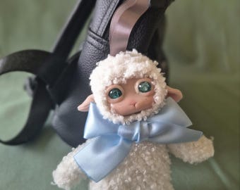 Bag Charm White Lamb with Blue Bow: Cute Animal Accessory