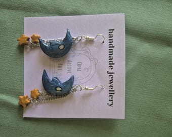 Polymer Clay Moon Stars Earrings: Blue Handmade Celestial Dangles, Boho Galaxy Statement