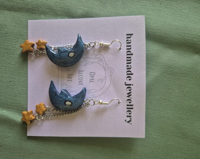 Polymer Clay Moon Stars Earrings: Blue Handmade Celestial Dangles, Boho Galaxy Statement