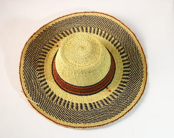 African straw sun hat, wide brim Bolga hat, tribal elephant grass hat, red blue woven hat, handmade Ghana wall decor hat-1209