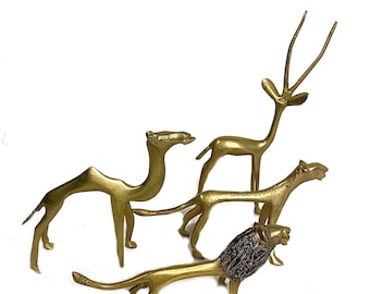 African Ashanti Brass Animal Figure Set Giraffe Lion Dog Vintage Tribal Deco-106