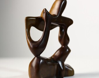 Abstract Wood Sculpture Modernist Handmade Figurine Embrace Carving Vintage Midcentury Art Decor Smooth Form Wooden Art Object-1195