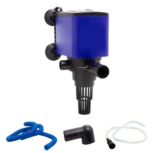 May include: A blue and black aquarium filter with suction cups, a blue hose, a black elbow connector, and a clear hose. The filter has a blue top and a black base with a cylindrical intake. The filter is designed for use in aquariums.