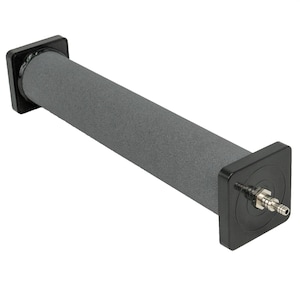 May include: A gray cylindrical air stone with black square end caps. The air stone has a textured surface and a metal fitting on one end. This aquarium accessory is designed to diffuse air into water.