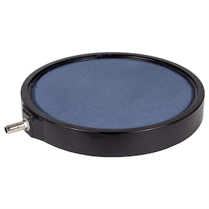 May include: A round, black aquarium air stone with a blue porous surface. A metal tube extends from the side. This air stone is designed to diffuse air into an aquarium, creating bubbles for oxygenation.