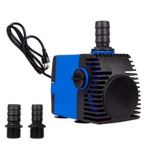 May include: A blue and black submersible water pump with a black power cord and two black hose fittings. The pump has a cylindrical outlet and a round dial on the side. The pump is designed for use in aquariums or ponds.