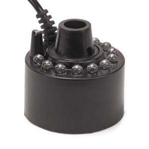 May include: A black ultrasonic mist maker with a cylindrical base and a central nozzle. Clear, spherical LED lights encircle the top. A black power cord extends from the device, designed for use in water features or humidifiers.