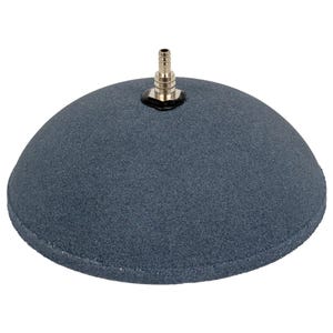 May include: A dark gray, dome-shaped aquarium air stone with a metal air inlet. The air stone is made of a porous material, designed to diffuse air bubbles into the water. The air inlet is made of metal.