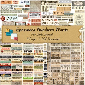 May include: A collection of vintage ephemera for junk journals, featuring numbers, words, and various designs. Includes tickets, stamps, and labels with text like "Theatre" and "Postage".