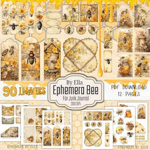 May include: A digital download featuring 90 vintage-style bee-themed images for junk journals. The images include bees, flowers, tags, and honeycomb designs in yellow, cream, and brown tones. The text on the image reads "Ephemera Bee" and "PDF Download 12 Pages."