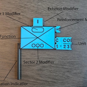Peut inclure: Un symbole d'unité militaire bleu clair avec des étiquettes telles que "Modificateur de secteur 1", "Fonction principale" et "Nom de l'unité". Le symbole est de forme rectangulaire avec des lignes qui se croisent et un petit composant attaché. Le fond est une surface en bois.
