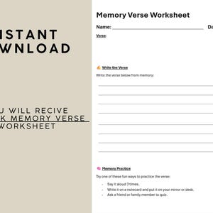 May include: A printable "Memory Verse Worksheet" with sections for name, verse, and date. The worksheet includes space to write the verse from memory and memory practice tips. The words "Instant Download" and "You will receive 1 blank memory verse worksheet" are also visible.