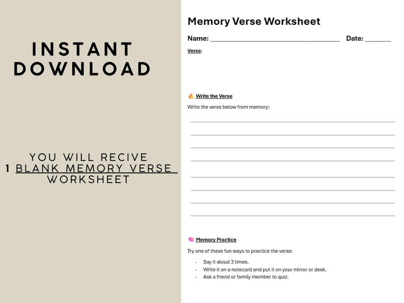May include: A printable "Memory Verse Worksheet" with sections for name, verse, and date. The worksheet includes space to write the verse from memory and memory practice tips. The words "Instant Download" and "You will receive 1 blank memory verse worksheet" are also visible.