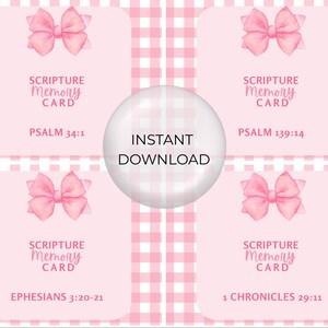 May include: A pink and white gingham pattern forms the background for four pink cards, each adorned with a watercolour bow. The cards display "SCRIPTURE Memory CARD" and a Bible verse. A central circle says "INSTANT DOWNLOAD".