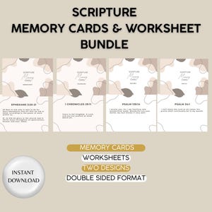 May include: A collection of scripture memory cards and worksheets. The cards display verses from Ephesians, 1 Chronicles, Psalm 139, and Psalm 34. The design incorporates abstract shapes in neutral tones. The image also includes the text "Instant Download".