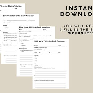 May include: Four white Bible Verse Fill-in-the-Blank worksheets are shown, with the text "Instant Download" and "You will receive 4 fill in the blanks worksheets." The worksheets have fill-in-the-blank sections and reflection questions.
