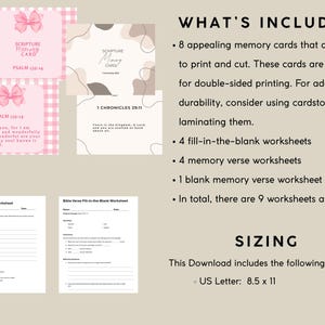May include: Pink and white Scripture memory cards with bow accents, featuring Bible verses. Includes fill-in-the-blank and memory verse worksheets. The download size is US Letter, 21.6 x 27.9 cm. The cards are designed for double-sided printing.