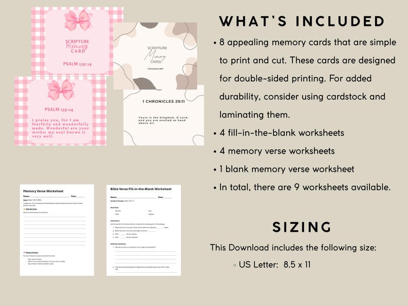 May include: Pink and white Scripture memory cards with bow accents, featuring Bible verses. Includes fill-in-the-blank and memory verse worksheets. The download size is US Letter, 21.6 x 27.9 cm. The cards are designed for double-sided printing.
