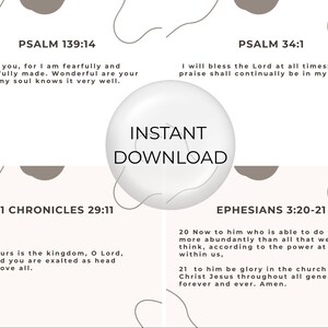 May include: A digital download graphic featuring four Bible verses: Psalm 139:14, Psalm 34:1, 1 Chronicles 29:11, and Ephesians 3:20-21. The words "INSTANT DOWNLOAD" are in a white circle. The background is light pink with abstract shapes.