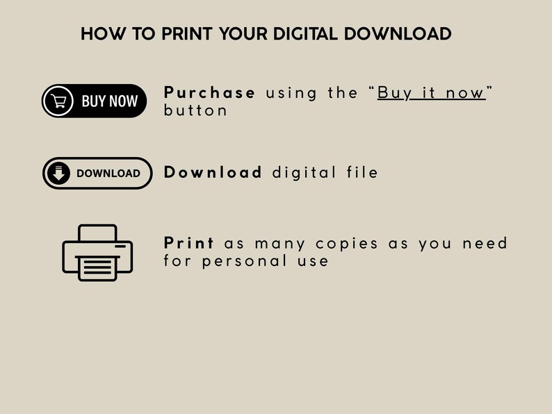 May include: Instructions for printing a digital download on a beige background. The text explains how to purchase, download, and print the file. Icons of a shopping cart, a downward arrow, and a printer are included to illustrate the steps.