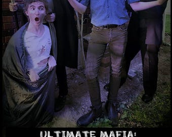 May include: A promotional image for "Ultimate Mafia: Underworld Expansion" featuring a group of people in costumes. The text "18 NEW CARDS" is at the top, and the game title is at the bottom. The group is standing in front of a brick wall.