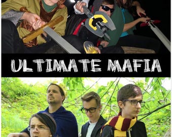 May include: A group of people in costumes, some wearing sunglasses and holding toy weapons. The text "ULTIMATE MAFIA" is displayed in white. The bottom half of the image shows more people in costumes, some wearing glasses.