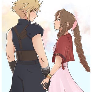 May include: A digital illustration of two characters holding hands. One character has spiky blonde hair, wearing a dark blue sleeveless top and dark trousers. The other character has long brown hair in a braid, wearing a red bolero and a long pink dress.