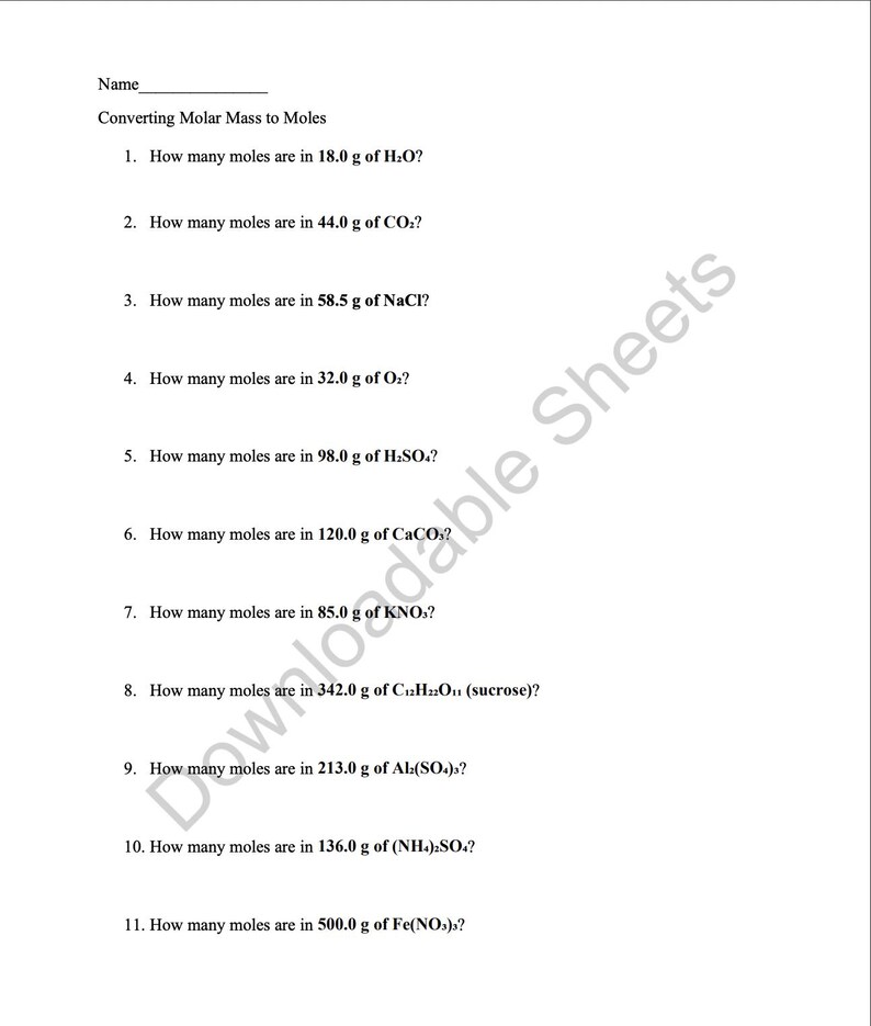 Converting Molar Mass to Moles Chemistry Practice Worksheet and Answer ...