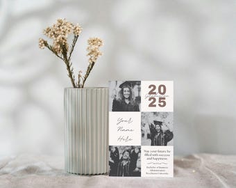 Monochrome Abschlussfeier-Einladung - Minimalistische Canva-Vorlage, bearbeitbare Grad-Party einladen, Klasse von 2025 druckbar