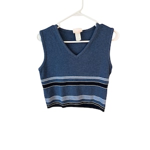 Vintage blue knit pullover v neck  cropped knit top/vest. Featuring retro navy and silver metallic stripe detail. made in USA. Sz s/m.