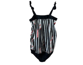 1980s Black White Geometric Swimsuit – Tie Strap Balloon Top, Size S