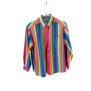 1980s vintage rainbow stripe button up David Brooks blouse. Women’s sz 10. 100% cotton. orange, pink, yellow, green, blue and white stripes.