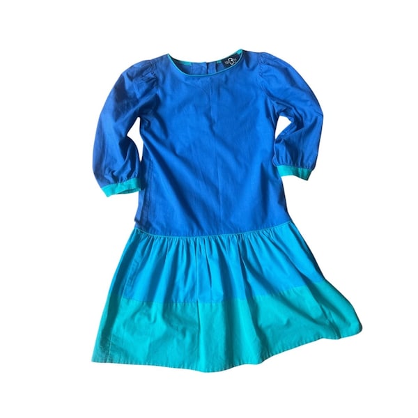 Vintage 80s Colorblock Cotton Dress: Blue Teal Prairie Style, Size L