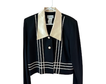 1980s Perceptions Cropped Blazer, Cream Satin Collar, Statement Buttons, Size 10