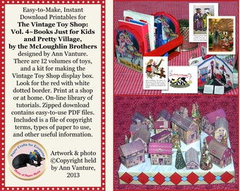 May include: A red and white checked tablecloth with a red and white display box of vintage toy shop books. The books are titled "Books Just for Kids" and "Pretty Village". The books are designed by Ann Vanture. The image also includes a small black and white cat with a blue bow.